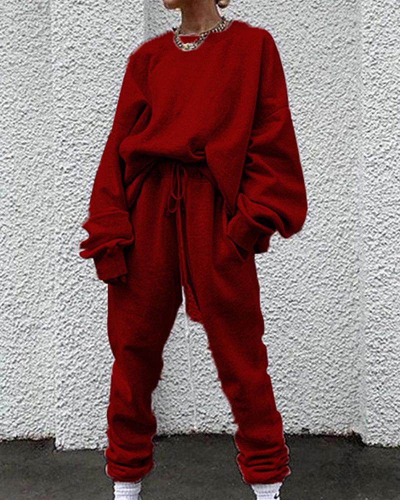 Solid Drawstring Waist Slant Pocket Elastic Hem Sweatshirt & Pants Set-Pinkami