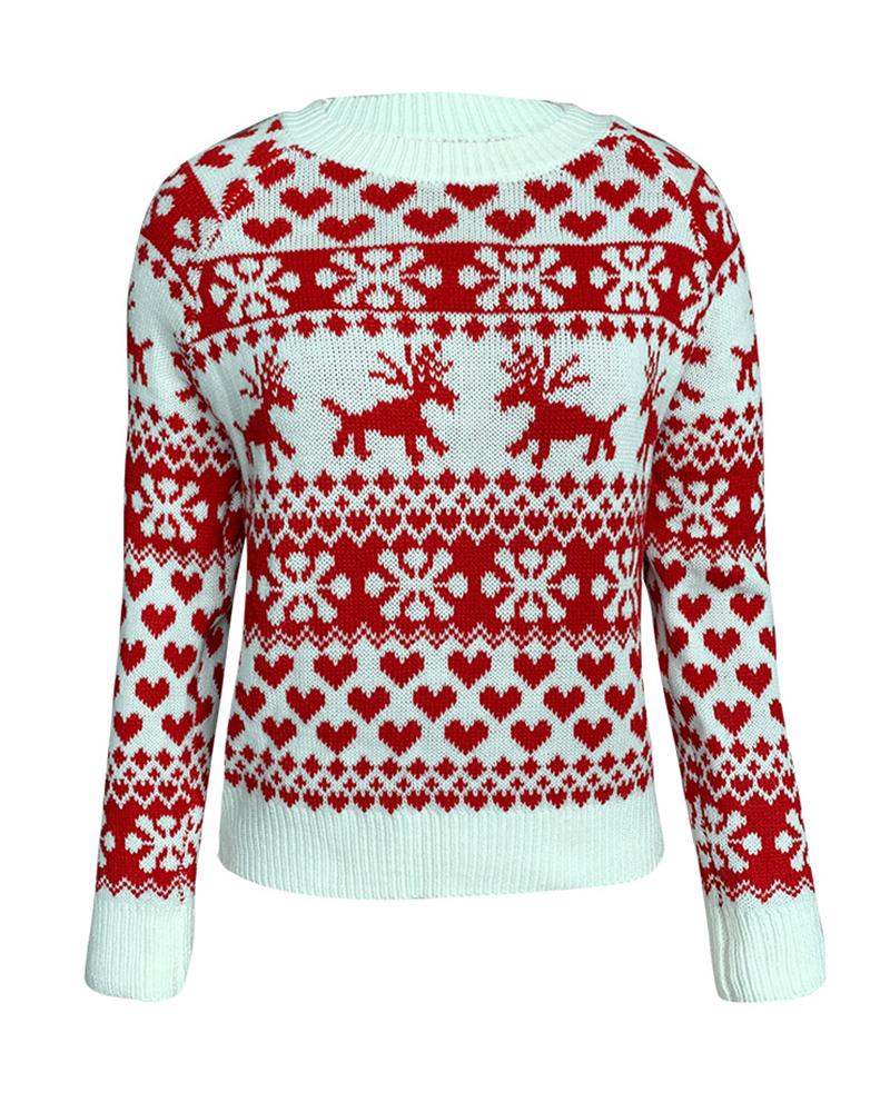Elk & Snowflake Print Contrast Binding Ribbed Sweater-Pinkami