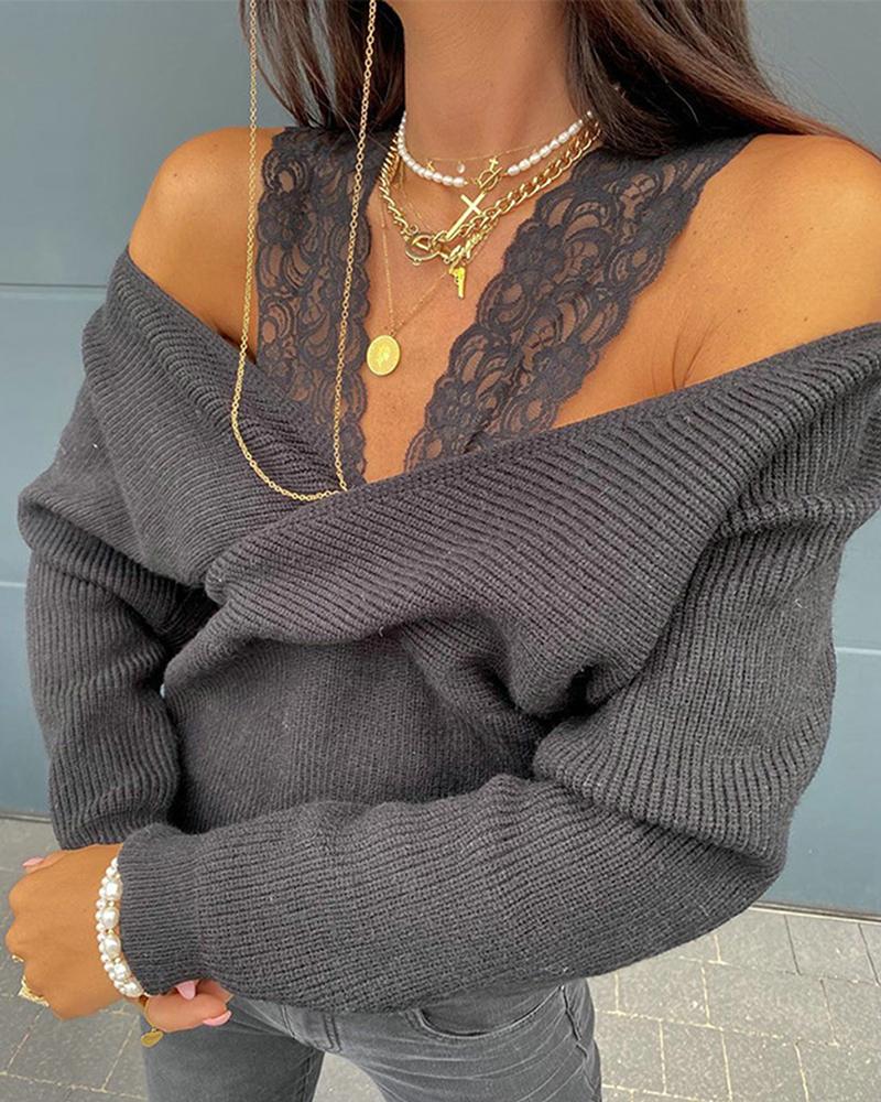 Contrast Lace Cold Shoulder Overlap Rib Knit Sweater-Pinkami