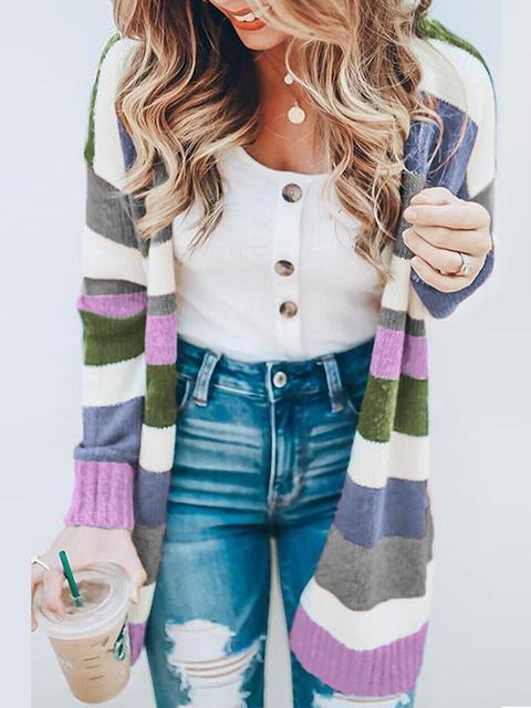 Stripe Splicing Knitted Sweater Cardigan-Pinkami