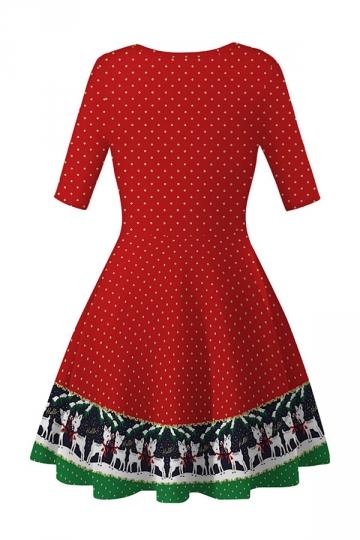Dot Print Christmas Reindeer Dress Red-Pinkami