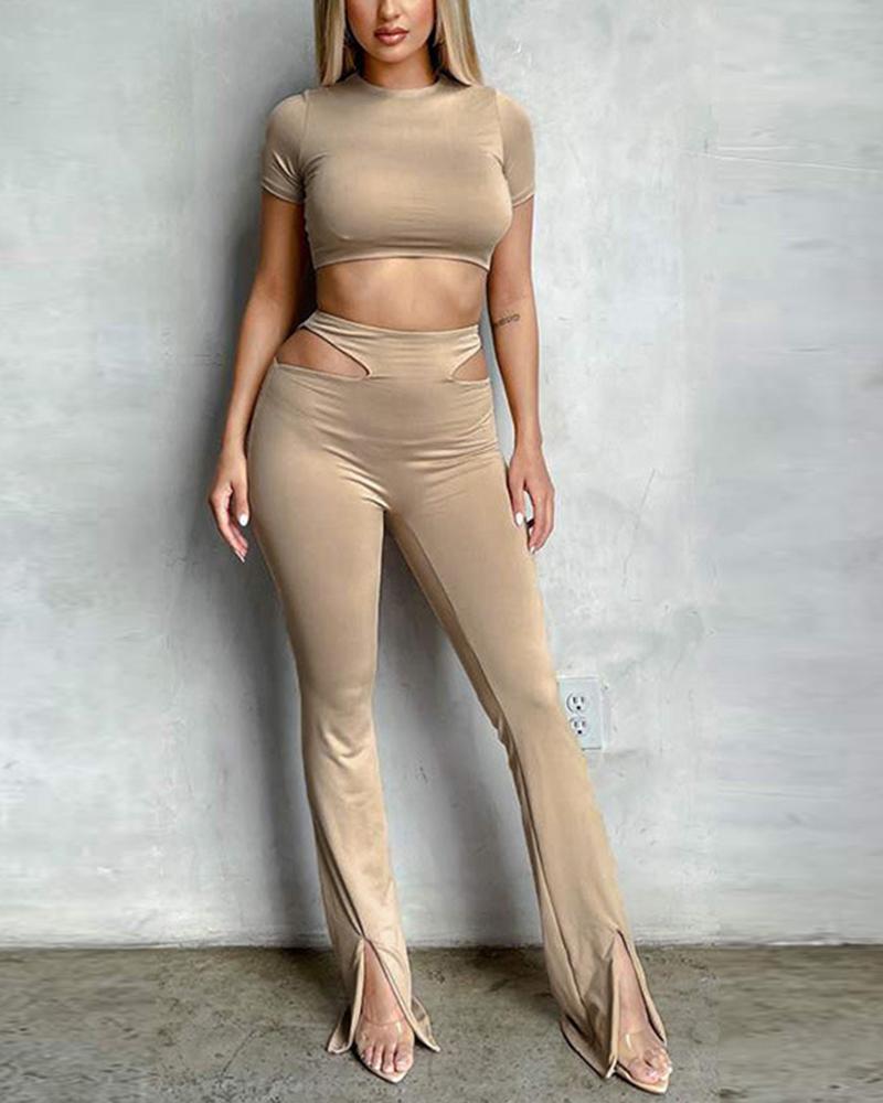 Solid Cut Out Split Hem Crop Tee & Pants Set-Pinkami