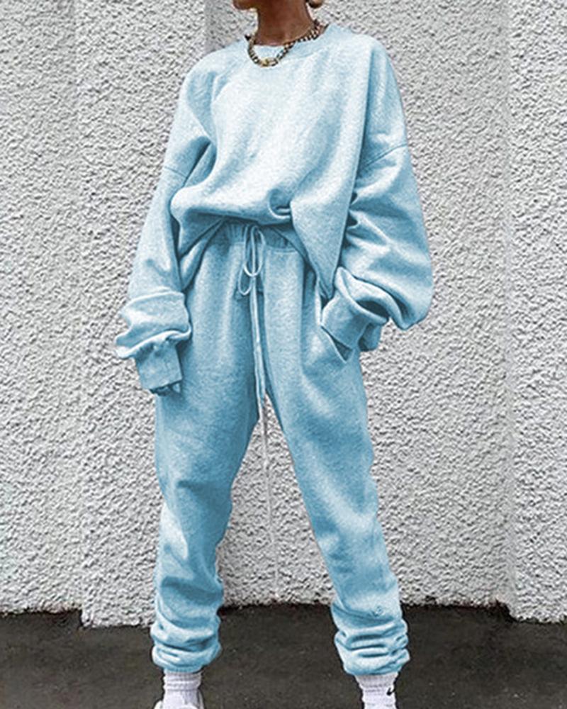 Solid Drawstring Waist Slant Pocket Elastic Hem Sweatshirt & Pants Set-Pinkami