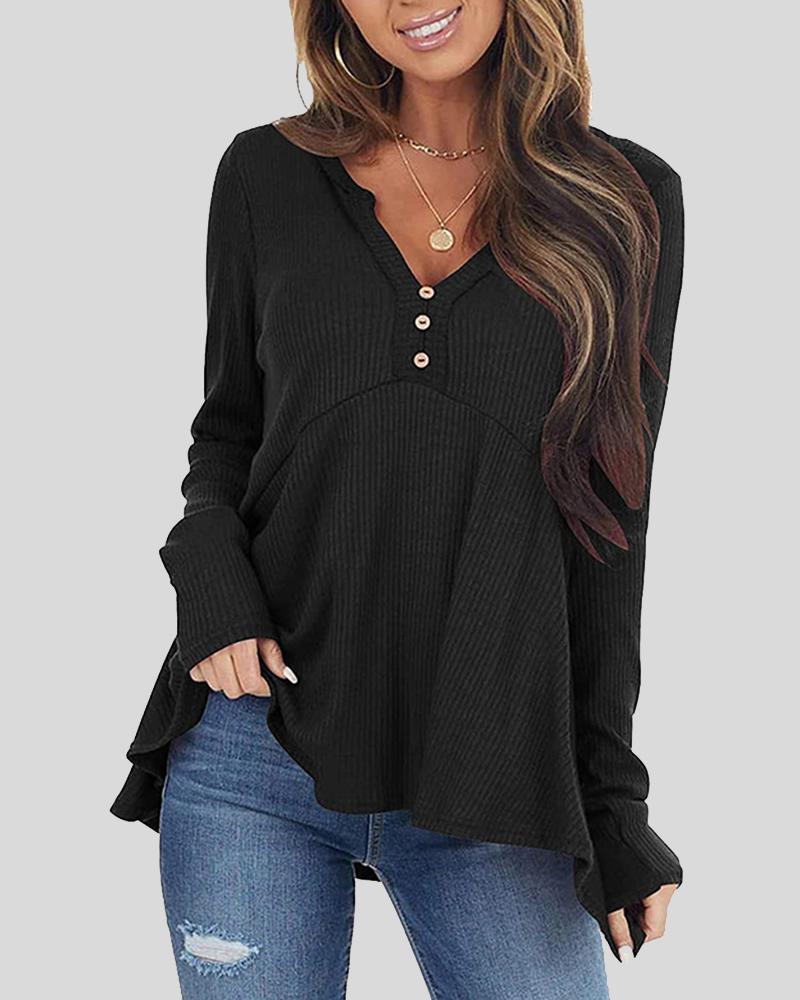 Button Front Rib-Knit V Neck Sweater
