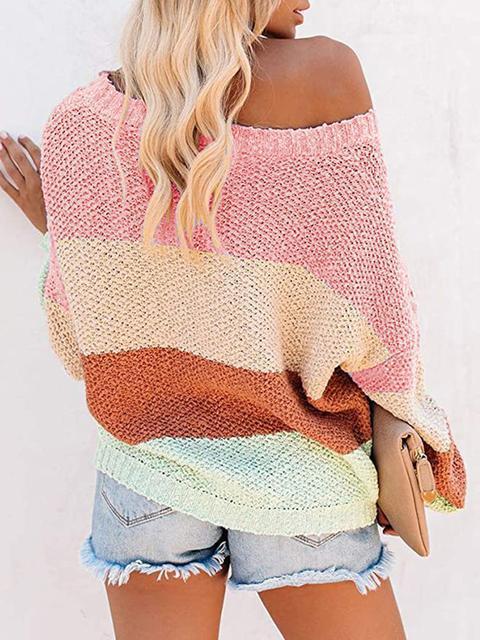 Color Block Off-shoulder Lightweight Sweater-Pinkami