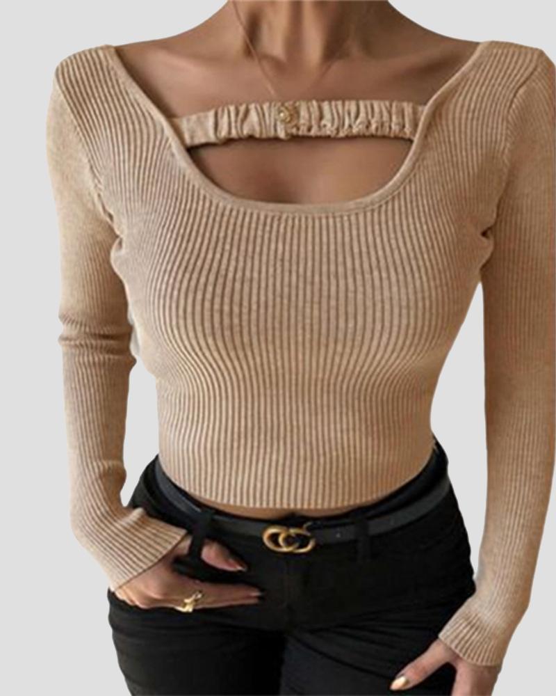 Solid Rib-Knit Cut Out Keyhole Neck Sweater-Pinkami