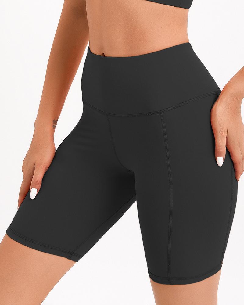 Solid Stitch Trim High Waist Biker Sports Shorts-Pinkami