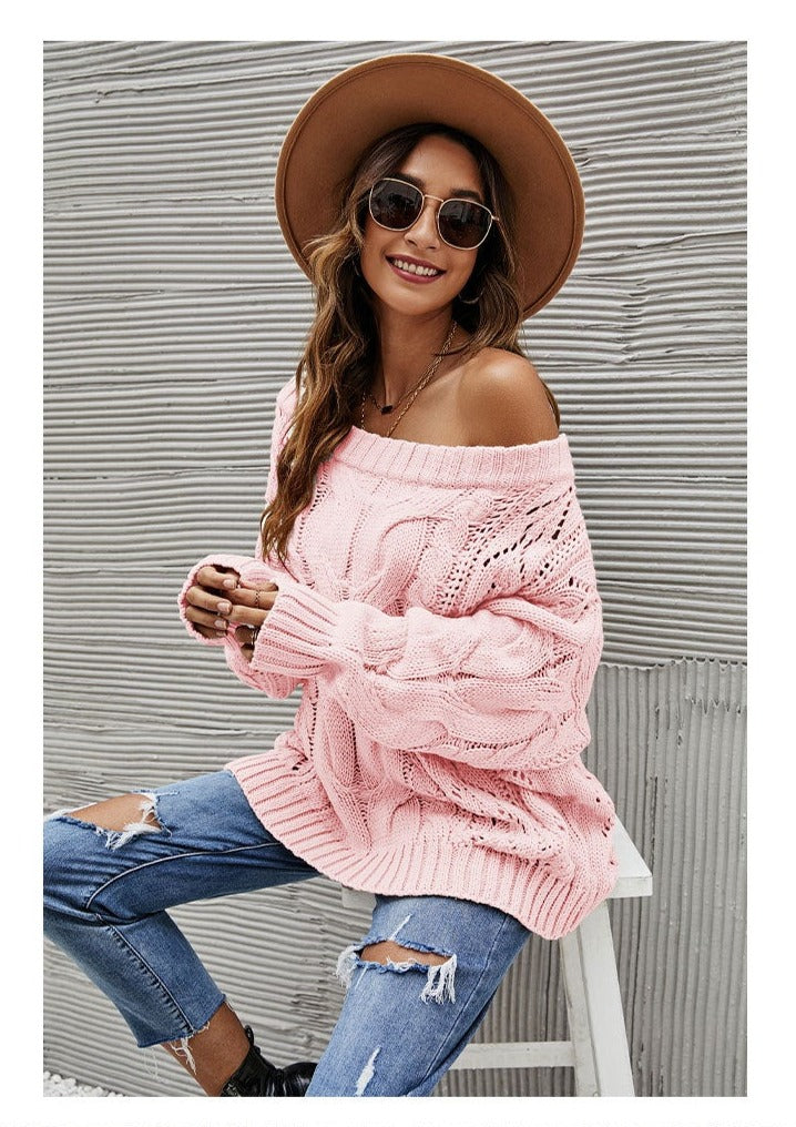 Solid Cable Knit Boat Neck Sweater-Pinkami