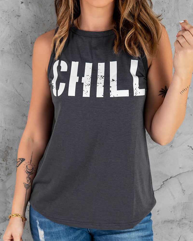 Letter Print Round Neck Tank Top-Pinkami