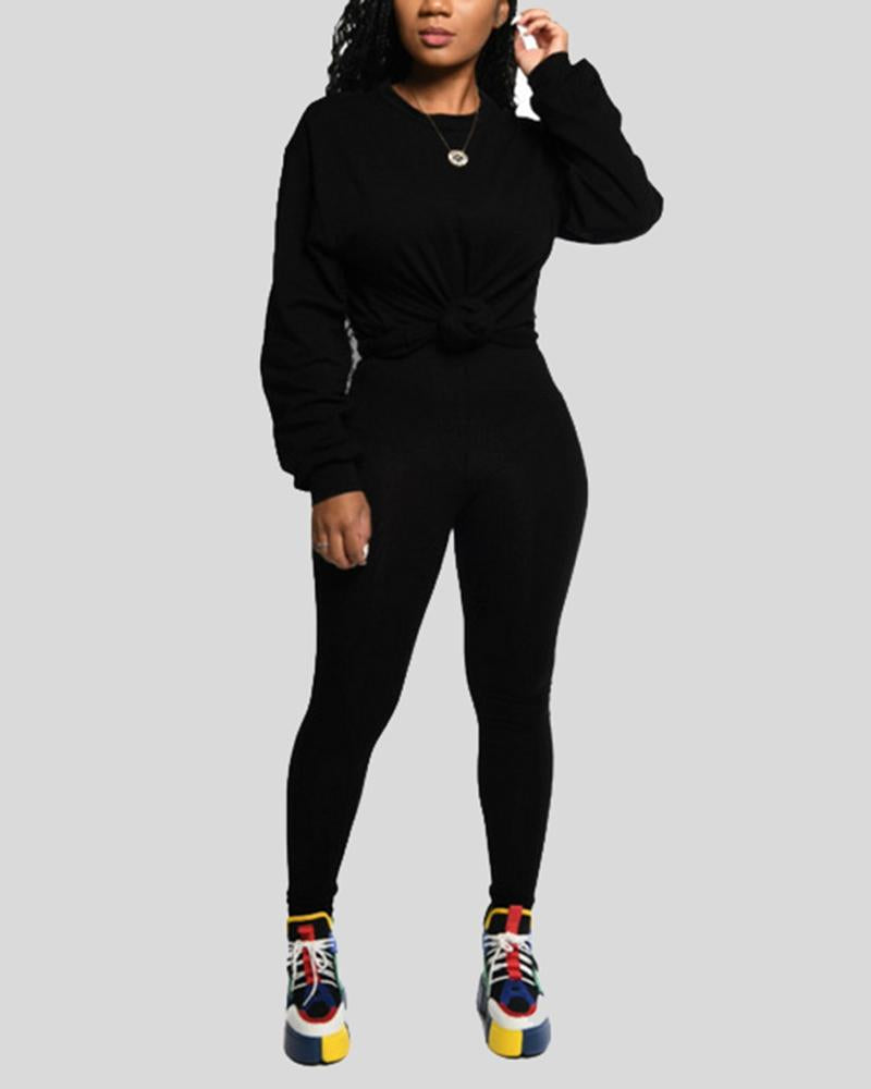 Solid Round Neck Tee & Pants Set-Pinkami