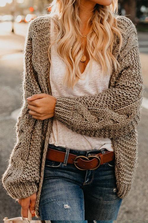 Loose Long-sleeved Twist Knit Sweater Big Twisted Rope Cardigan-Pinkami