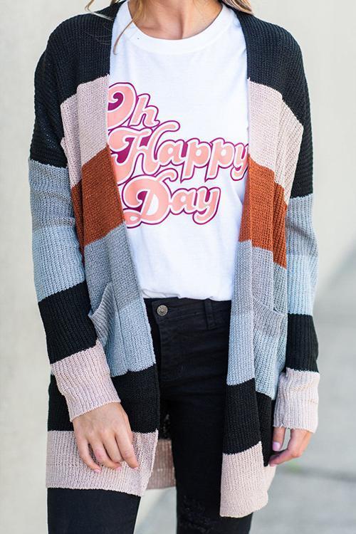 Knitwear Long Round neck Stitching Rainbow Striped Cardigan-Pinkami