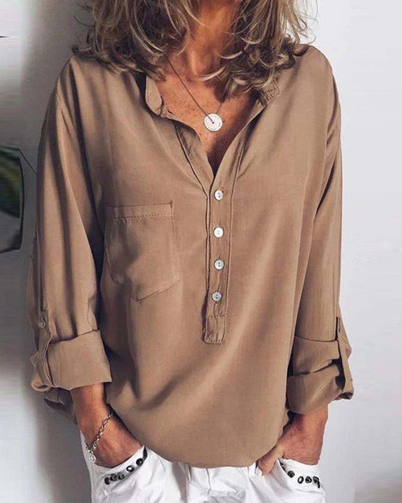 Solid Half Button Blouse-Pinkami