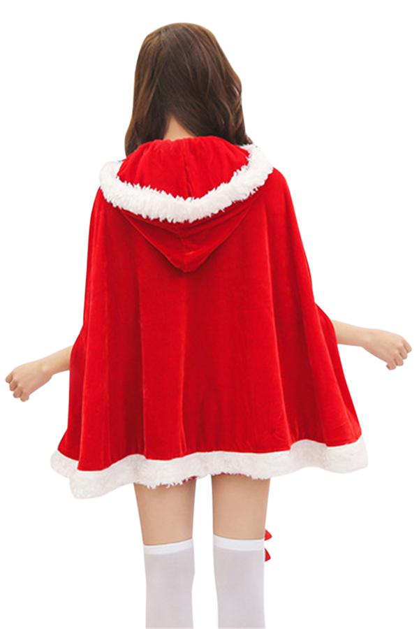 Womens Cute Bowknot Collar Hooded Cloak Santa Christmas Costume Red-Pinkami