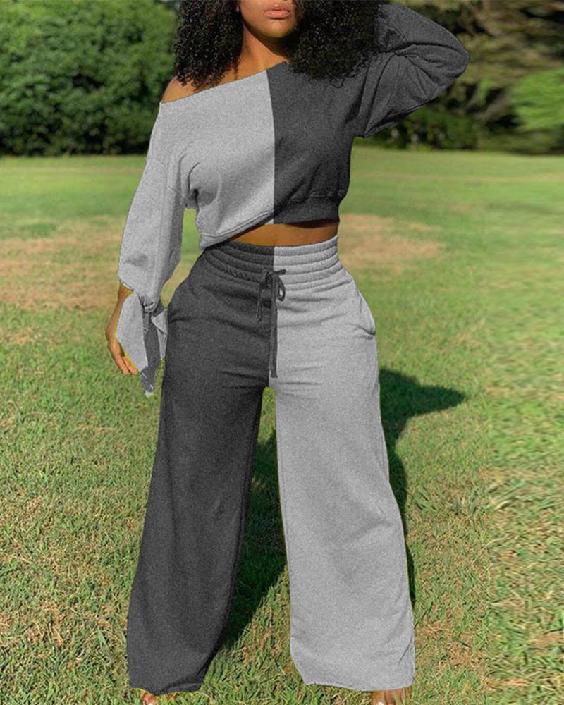 Two Tone Asymmetrical Boat Neck Top & Pants Set-Pinkami