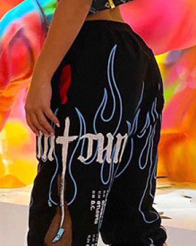 Fire & Letter Print Figure Pattern Pocket Decor Sports Pants For Women