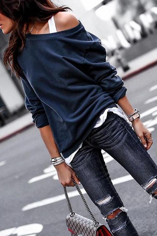 Fashion Long Sleeves One Shoulder T-Shirt-Pinkami