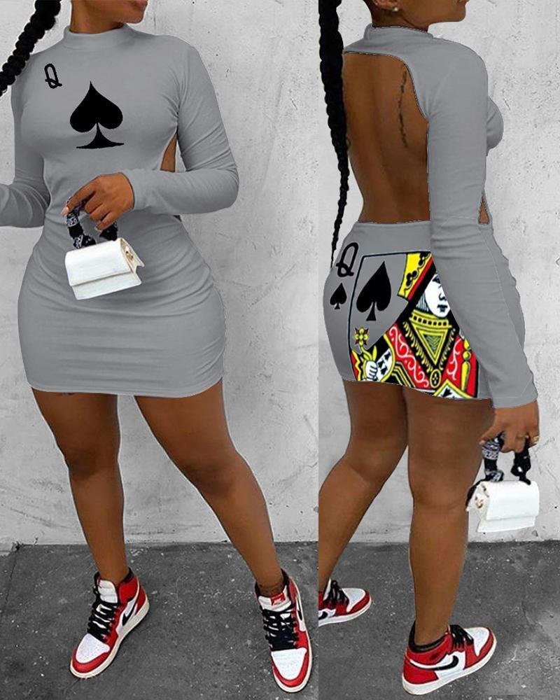Poker Print Backless Bodycon Dress
