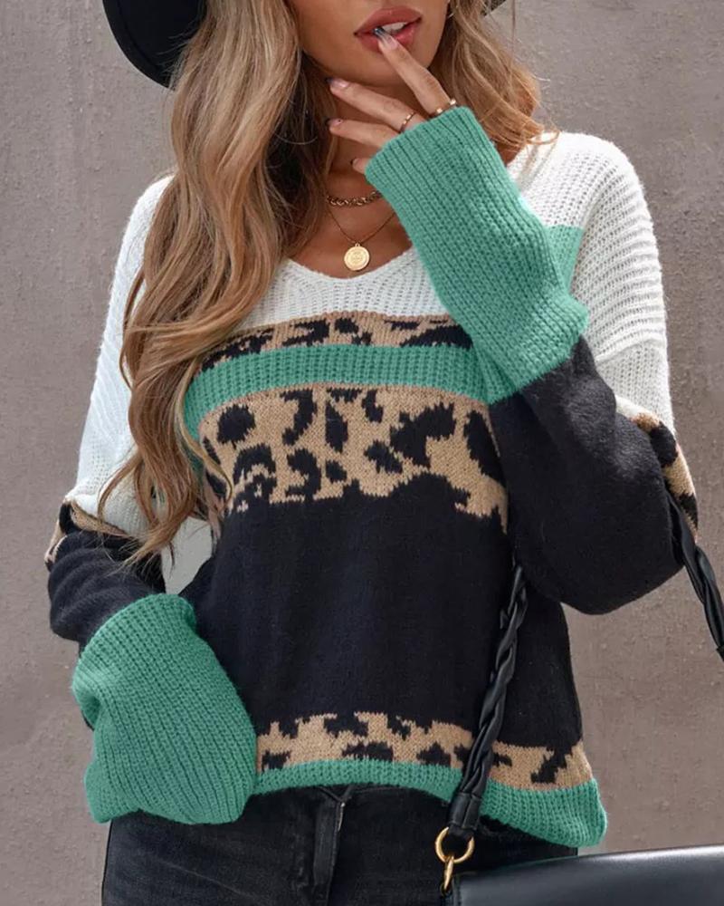 Colorblock Leopard Print Ribbed V Neck Sweater-Pinkami