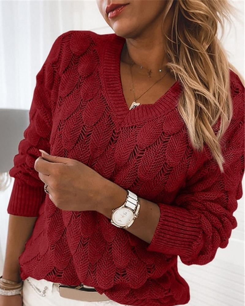 Solid Pointelle Knit Drop Shoulder Sweater-Pinkami