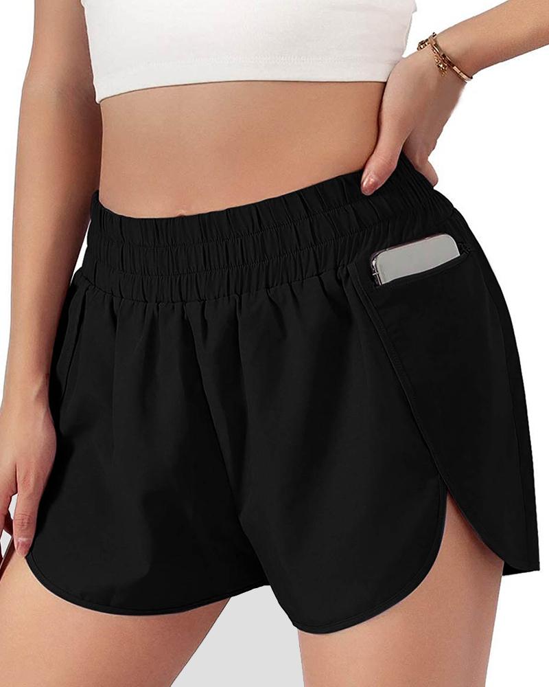 Pocket Decor Overlap Hem High Waist Sports Shorts-Pinkami