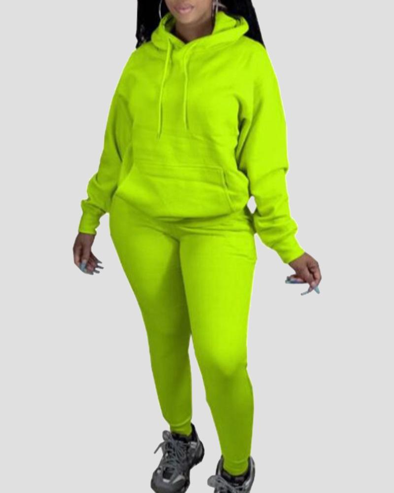 Solid Kangaroo Pocket Drawstring Hoodie & Pants Set-Pinkami