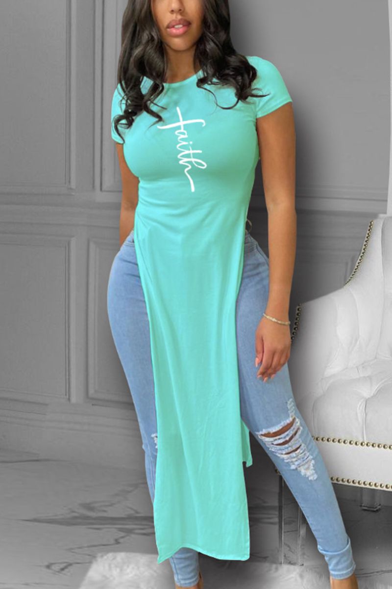 Letter Print Split Side Round Neck Longline Top-Pinkami
