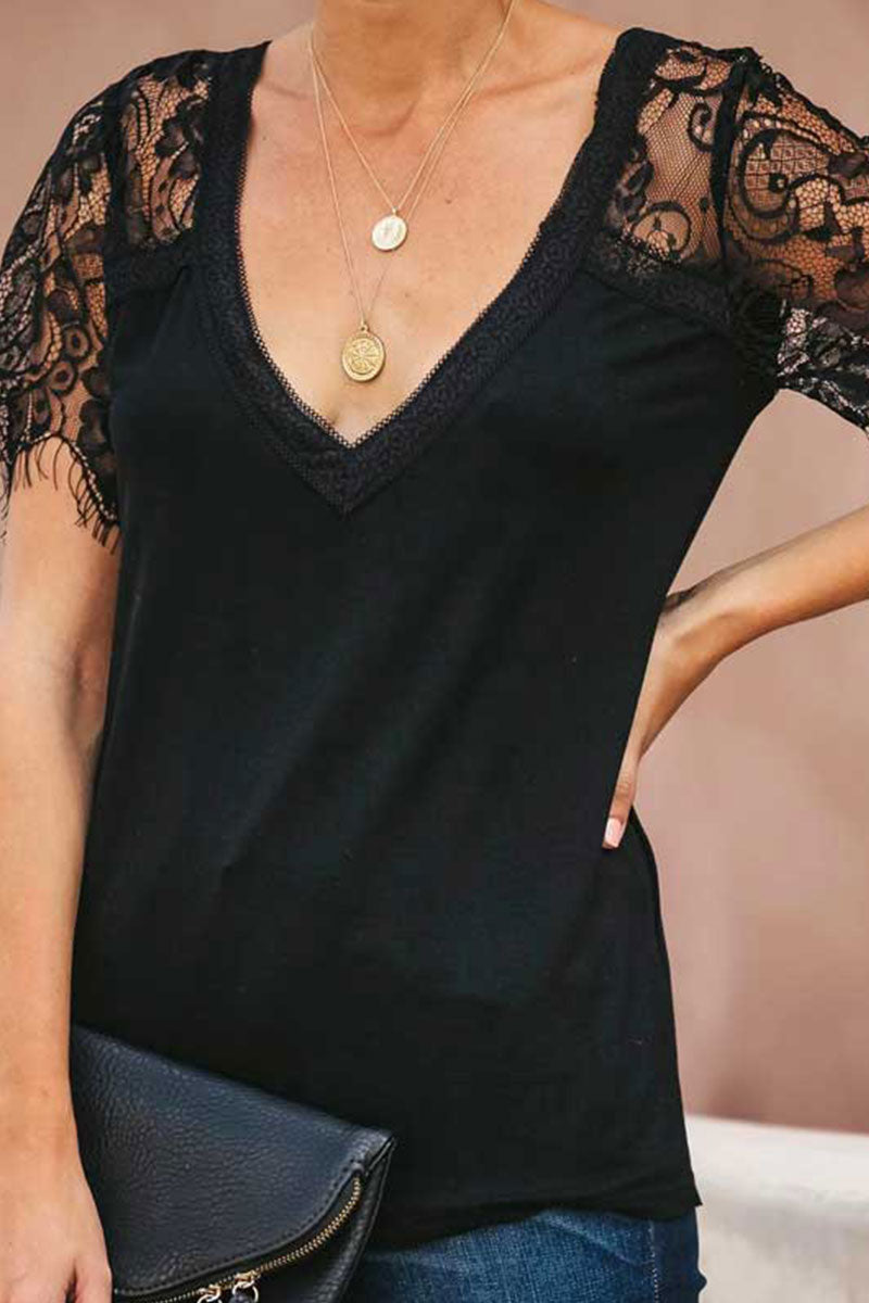 Floral Lace Hollow Out T-Shirt-Pinkami