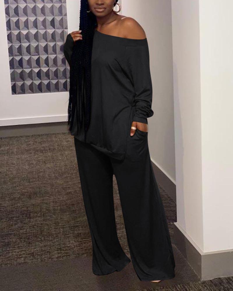 Solid Split Hem Boat Neck Top & Pants Set-Pinkami