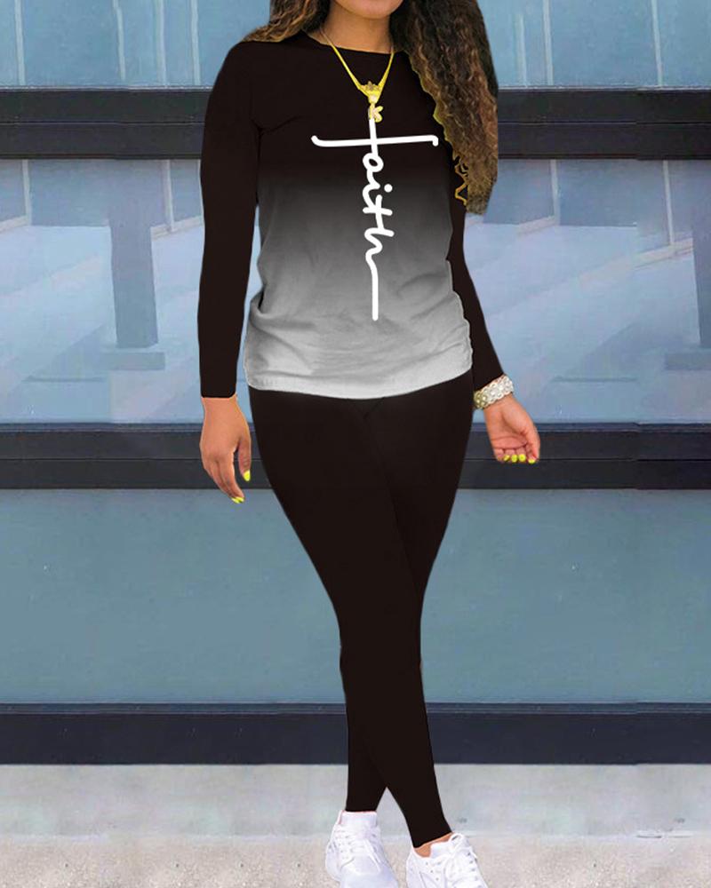 Ombre & Letter Print Bodycon Top & Pants Set-Pinkami