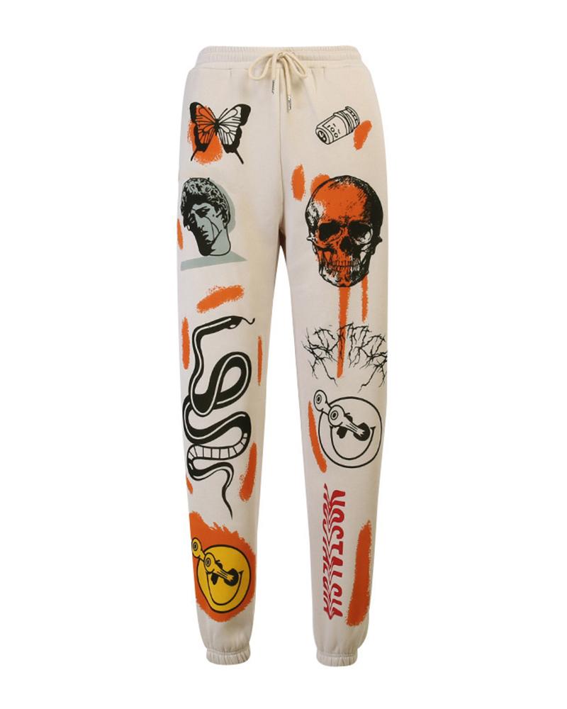 Cartoon Print Drawstring Front Pocket Detail Sports Pants For Women-Pinkami