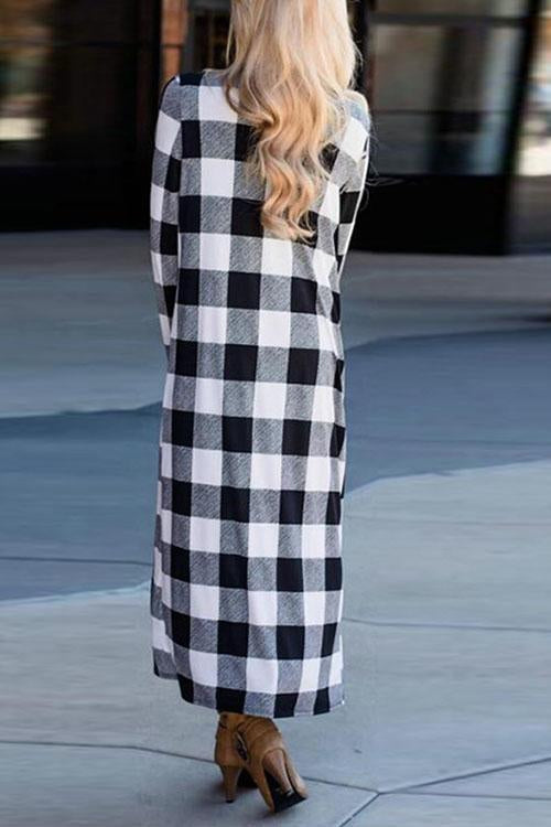 Casual Long Sleeve Plaid Cardigan-Pinkami