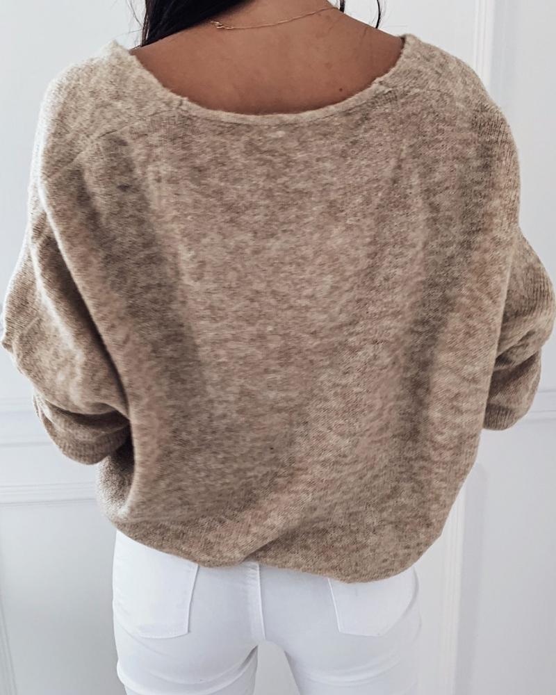 Solid Long Sleeve V Neck Sweater-Pinkami