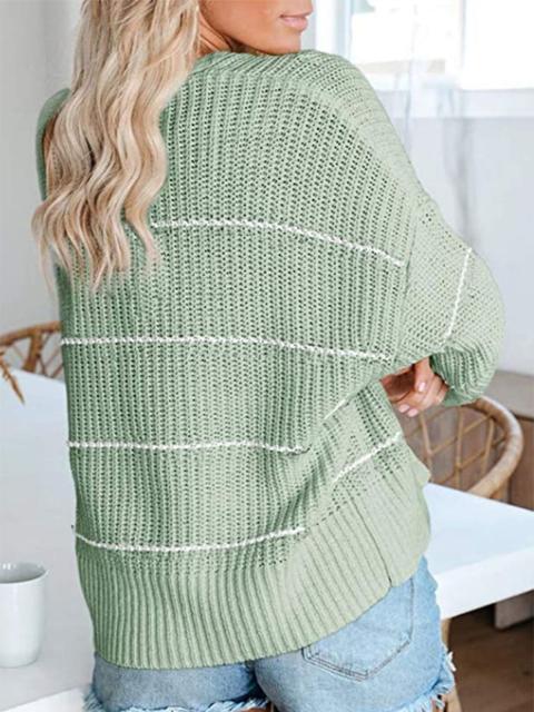 Striped Long Sleeve Loose Sweater Cardigan-Pinkami