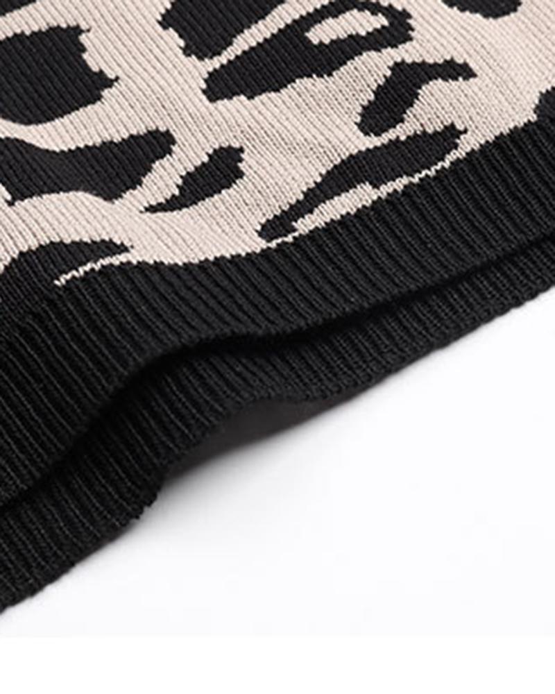 Striped & Leopard Print Round Neck Sweater-Pinkami