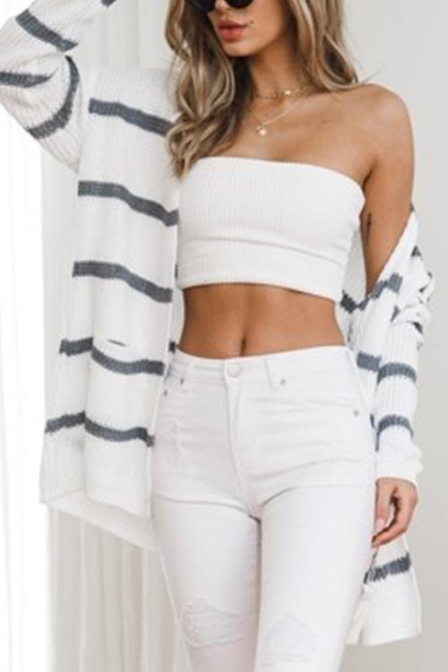 Double Pocket Striped Sweater Cardigan-Pinkami