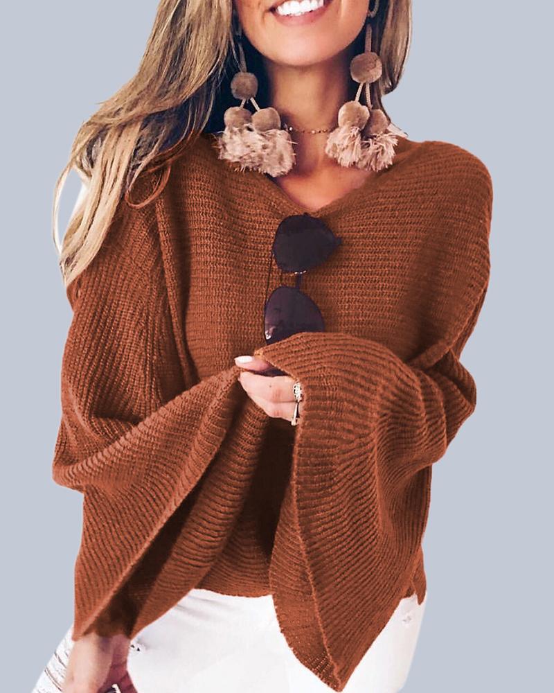 Solid Bell Sleeve Scoop Neck Sweater-Pinkami