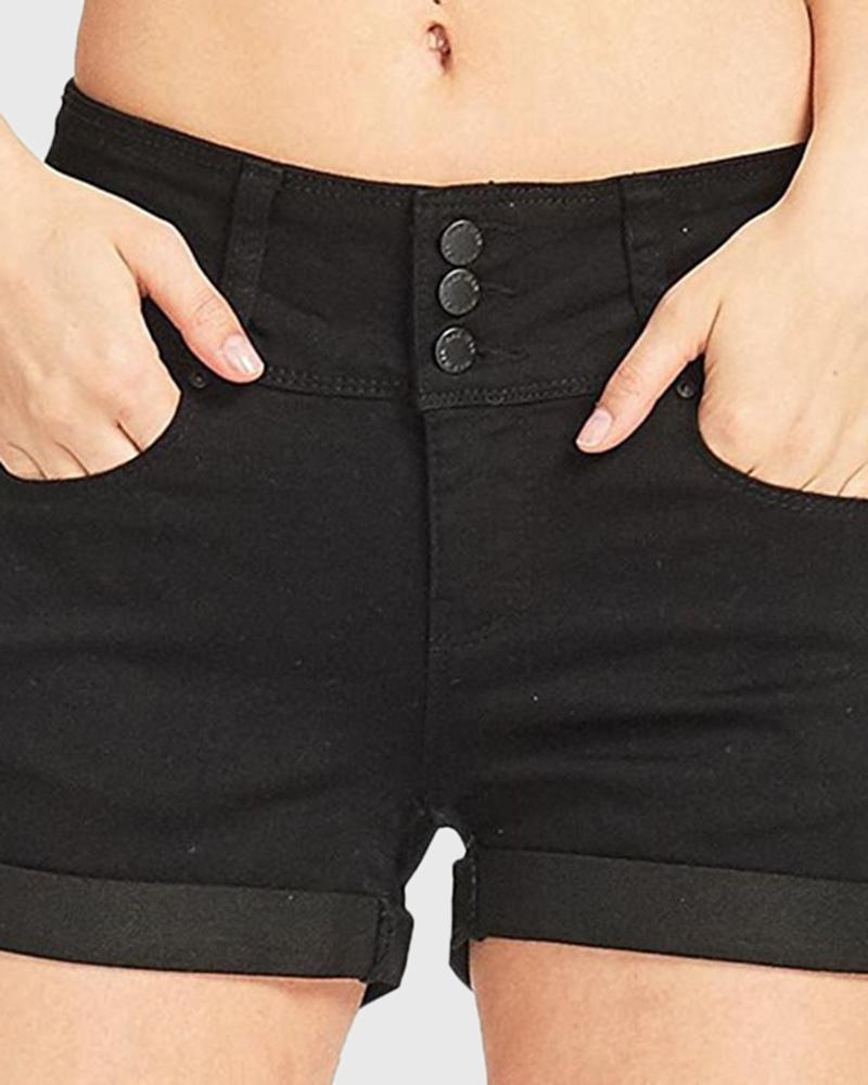 Women High Waist Button Front Roll Up Hem Denim Shorts-Pinkami