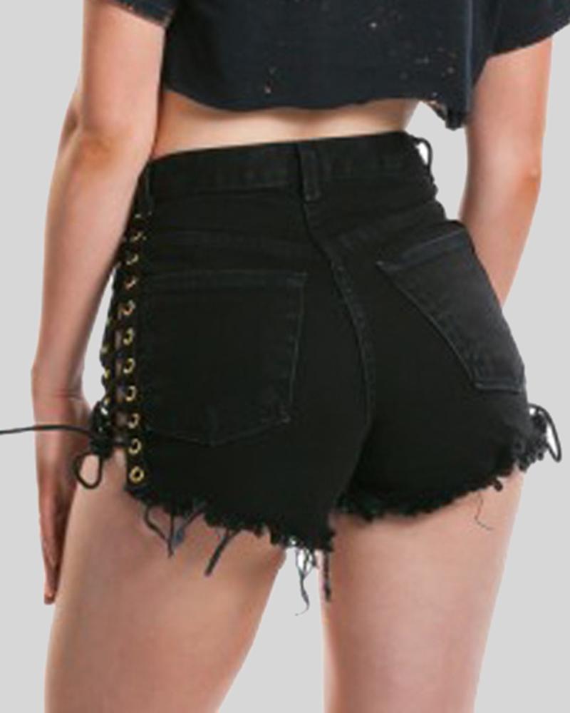 Women Lace Up Hollow Out Side Raw Hem Demin Shorts-Pinkami