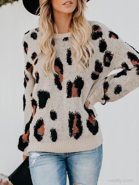 Leopard Knit Round Neck Sweater-Pinkami