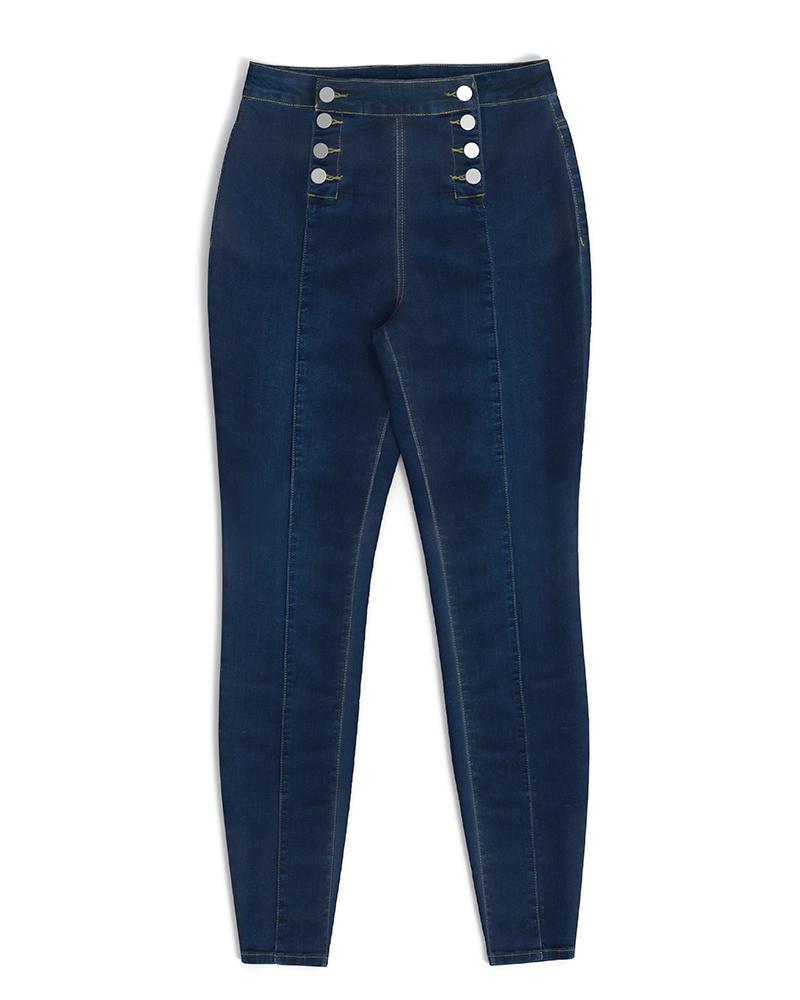 Women Double Breasted High Waist Skinny Jeans-Pinkami