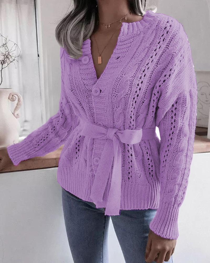 Solid Cable Knit Button Up Self-Tie Sweater-Pinkami