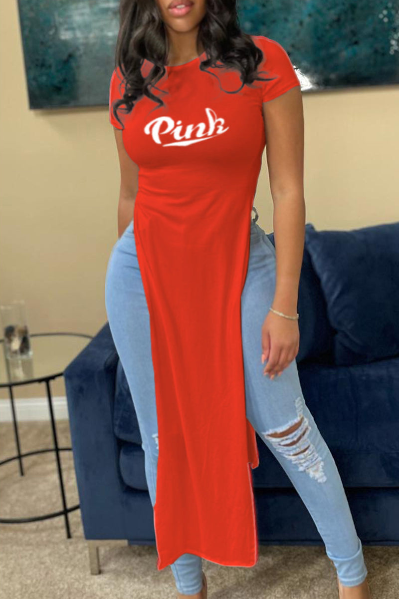 Letter Print Split Side Longline Top-Pinkami