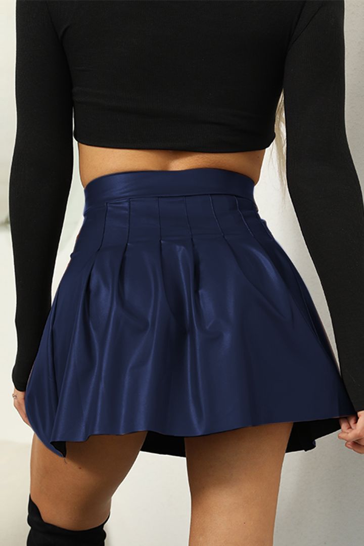PU Leather Solid Pleated High Waist Mini Skirt