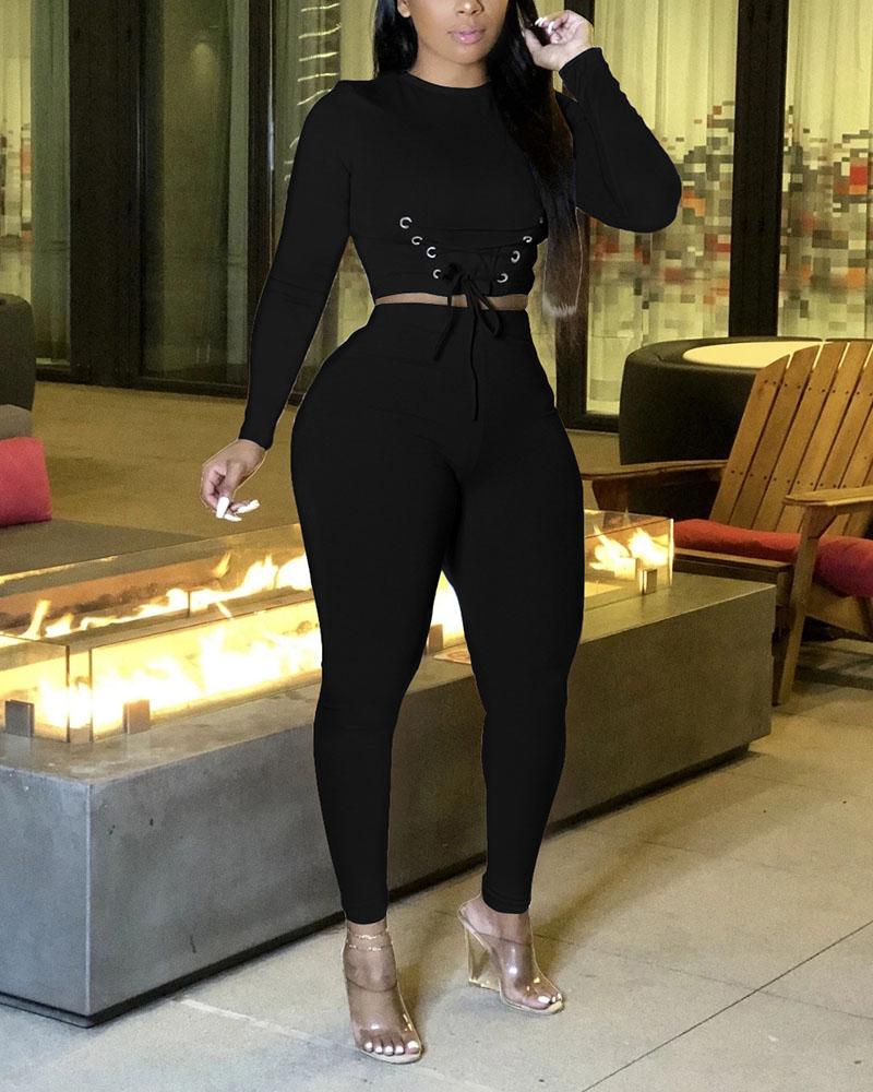Solid Lace Up Long Sleeve Top & Pants Set-Pinkami