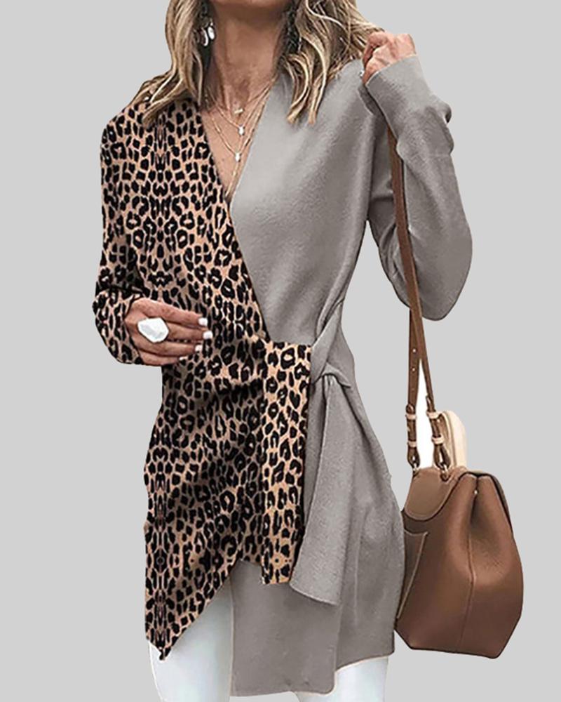 Colorblock & Leopard Print Twist Side Asymmetrical Hem Sweater-Pinkami