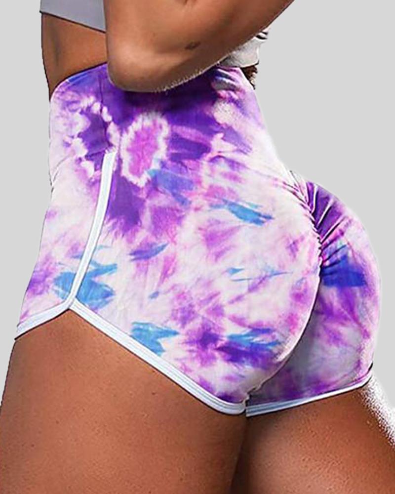 Allover Print Contrast Binding High Waist Sports Shorts-Pinkami