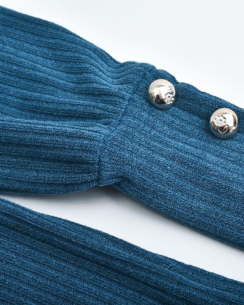 Solid Button Detail Ribbed High Neck Sweater-Pinkami