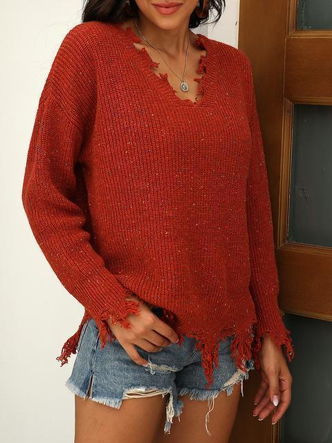 Solid Color V-neck Pullover Sweater-Pinkami