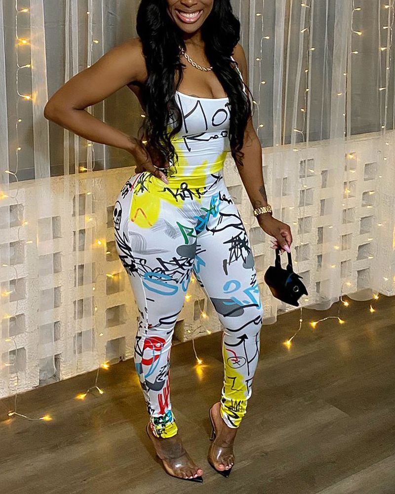 Graffiti Print Criss Cross Backless Cami Jumpsuit